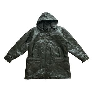 1990s VTG Jocelyn St Vincent Dark Brown Patchwork Leather Hooded Coat Size Large